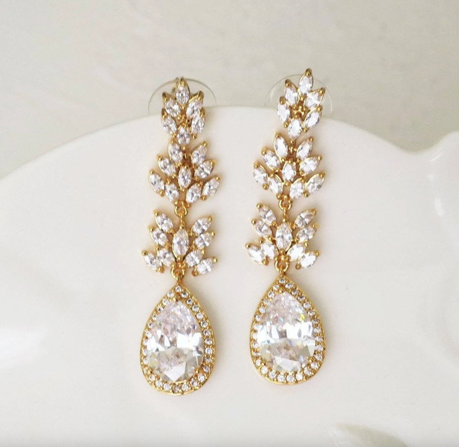 CZ gold drop earrings bride jewelry