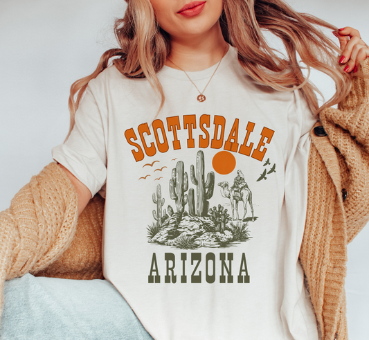 Scottsdale Arizona shirt with western font and cactus desert graphic, perfect for bachelorette trips and honeymoons.