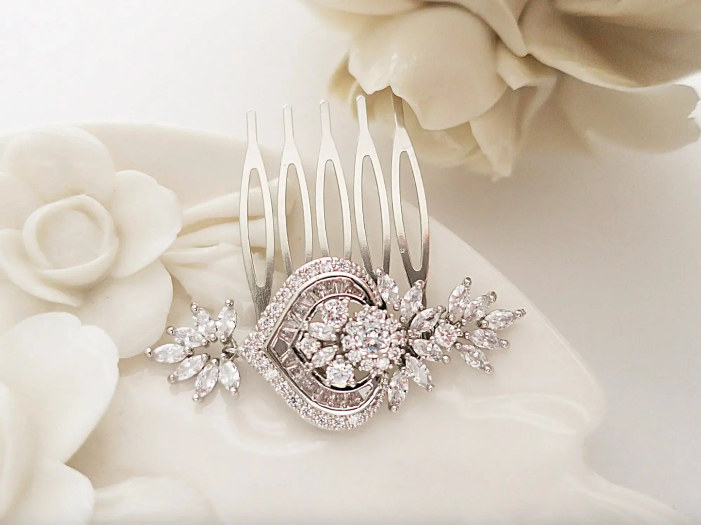 Gold Wedding Hair Comb with Crystal Leaves and Heart - JazzyAndGlitzy