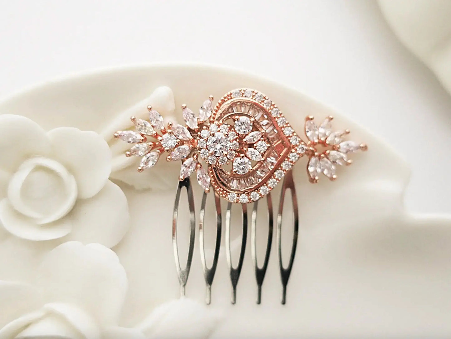 Gold Wedding Hair Comb with Crystal Leaves and Heart - JazzyAndGlitzy