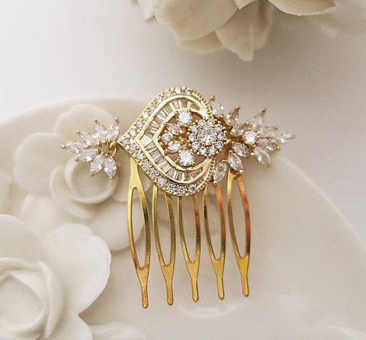 Gold Wedding Hair Comb with Crystal Leaves and Heart - JazzyAndGlitzy