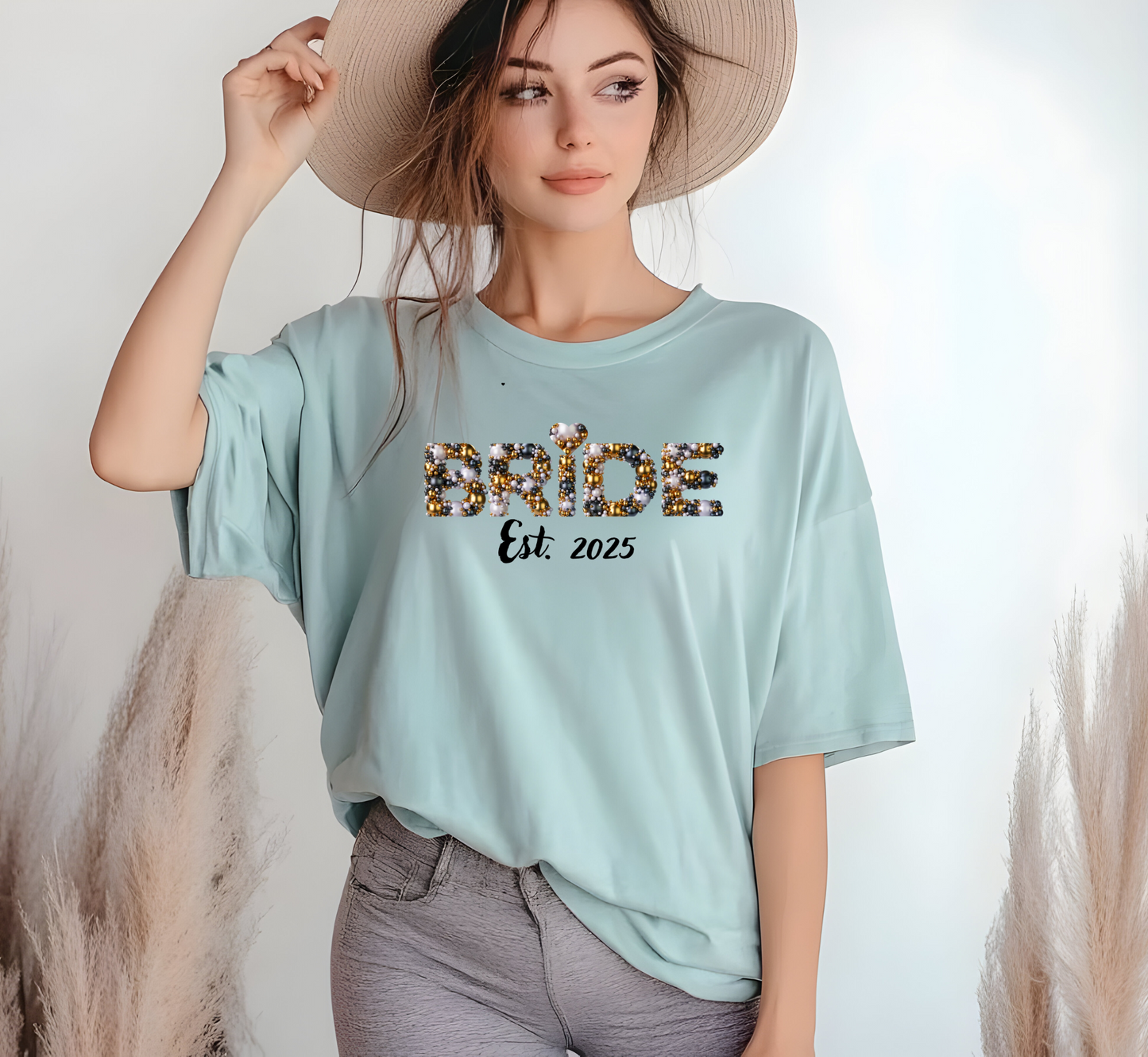 Personalized Bride Pearl Graphic Tee Dusty Blue