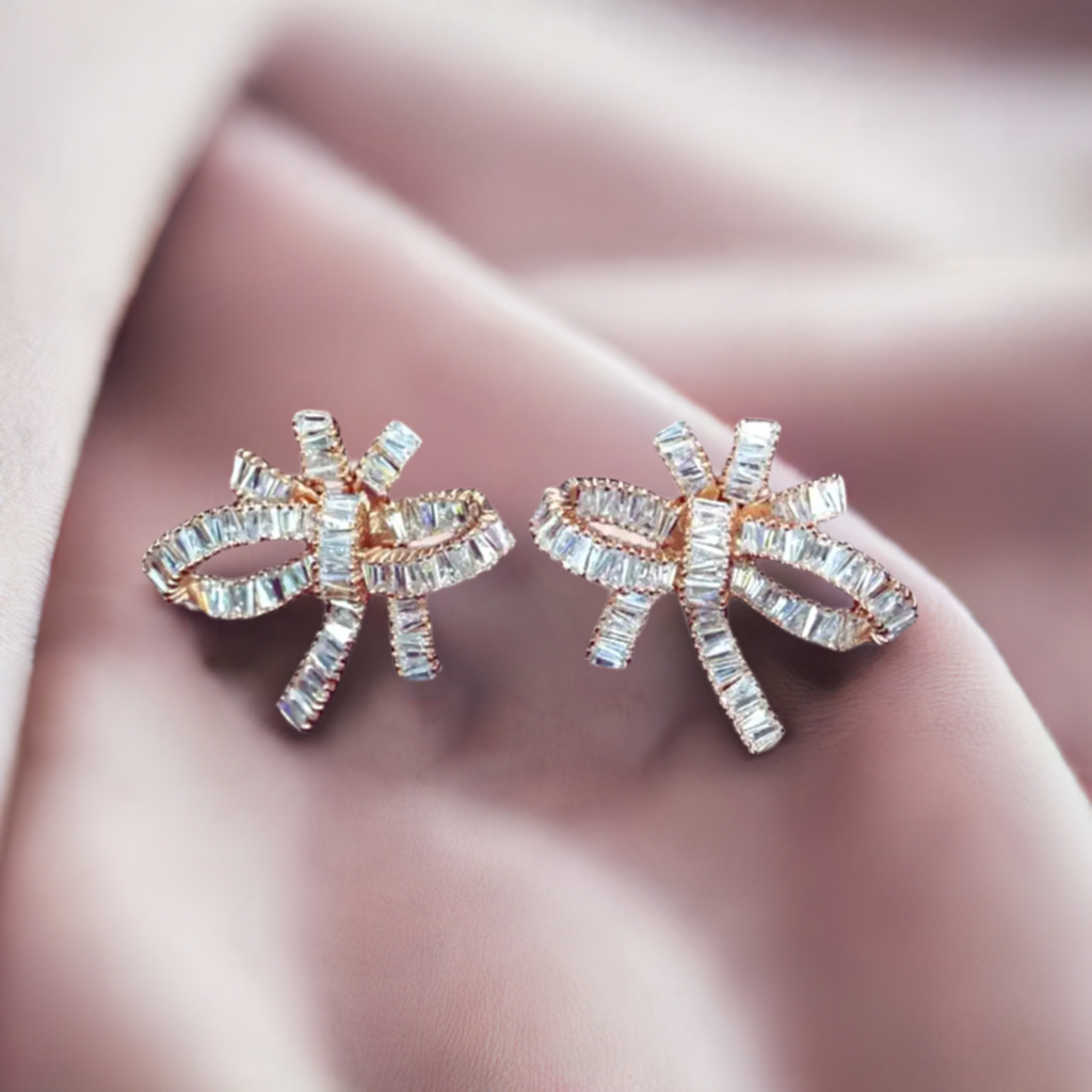 Zirconia bow earrings, rose gold bow earrings