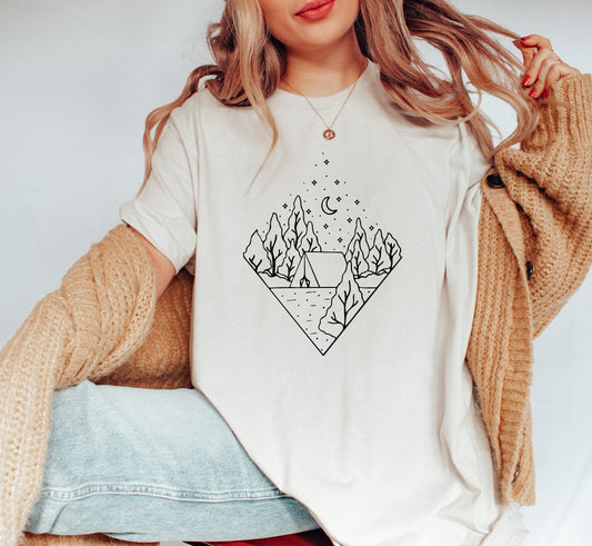 Geometric Celestial Camping Shirt: Abstract Mountain Tee - Unisex