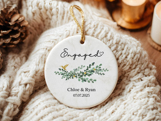 Personalized Engagement Ornament: Eucalyptus Design, Custom Names & Date