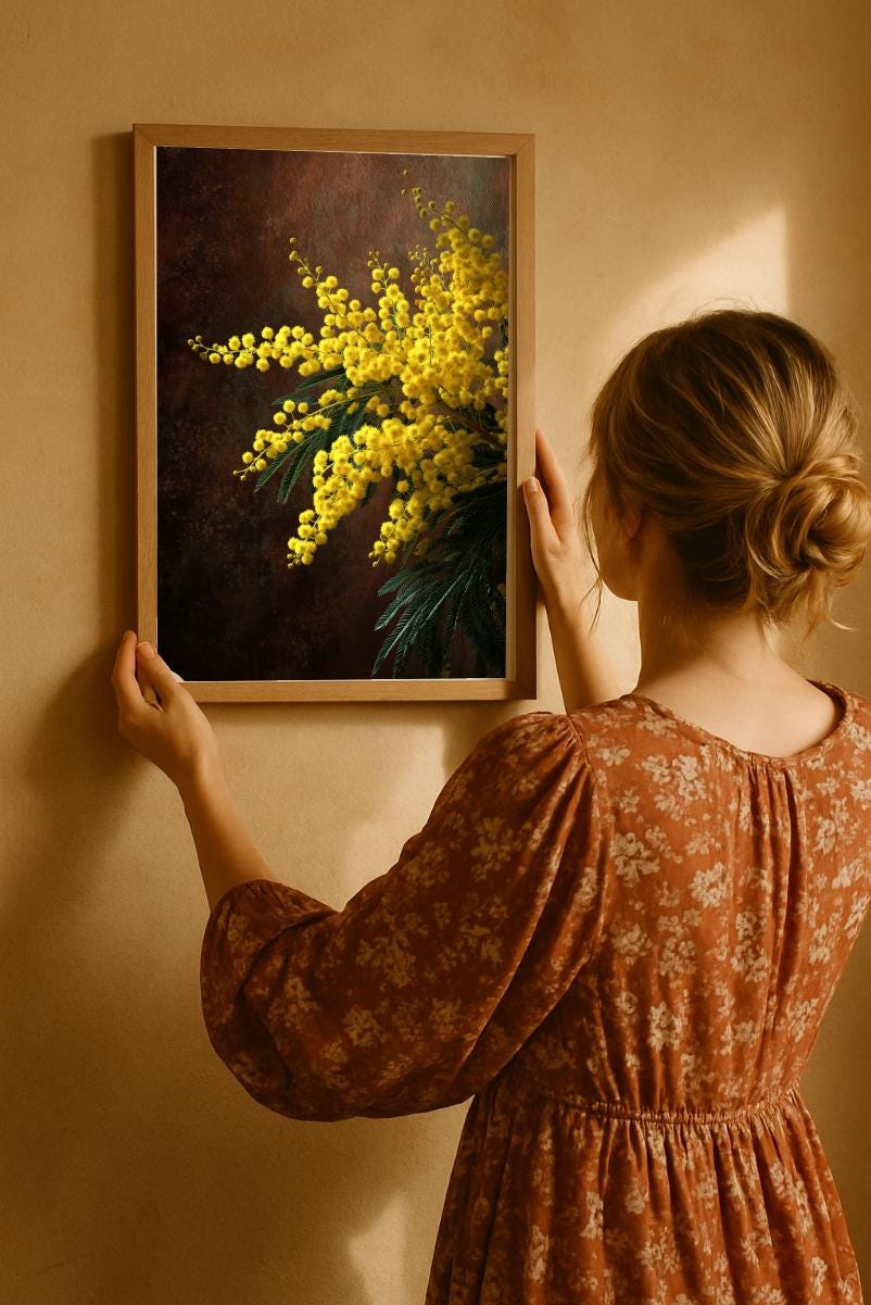 She is hanging an elegant yellow mimosa flower wall art print in moody living room, vintage rustic printable artwork by Keepsly.