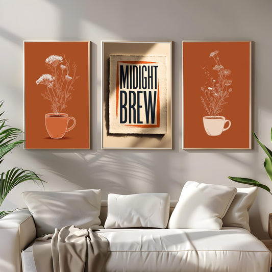 Rustic coffee wall art trio in warm earthy tones, cozy living room décor with minimalist frames and sunlight glow. High resolution jpg files in 2:3 ratio download