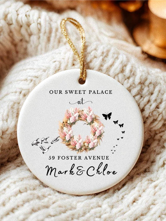 Personalized New Home Ornament: Floral Wreath, Custom Address Keepsake