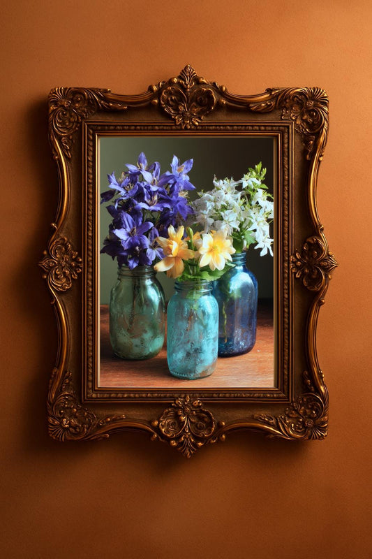 Vintage-inspired floral still life print in a bronze color antique frame. This art print, featuring shabby chic and countryside style, showcases clematis, white phlox, and yellow dahlia stems arranged in vintage blue mason jars at Keepsly shop Botanical collection.