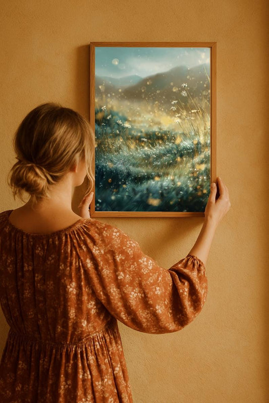 Dreamy floral landscape wall art with golden twilight tones, digital poster, in a bohemian brunette woman's hands, to show it on the wall. Perfect for moody, cottagecore, and nature-inspired home decor.