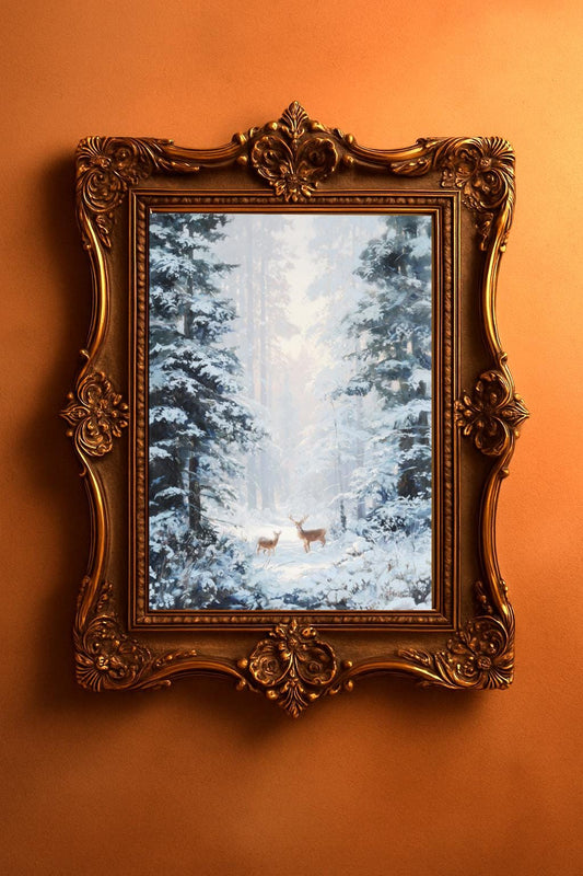 Winter Forest with Reindeer Instant download Wall Art featuring Romantic snowy French woodland at twilight, two deer standing among frosted pines, painterly winter romantic landscape with muted greens, silver and ivory palette, soft golden twilight.