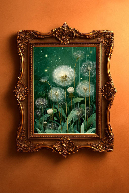 Antique-look bronze-colored frame showing the dandelion digital poster on an emerald green background. The framed wall art is hanging from an amber colored wall and that looks in romantic vintage style from Keepsly floral keepsake shop.