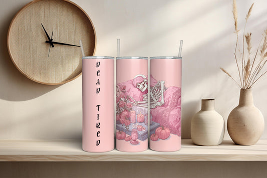 Set of three pink gothic skeleton tumblers with floral and candle details, featuring ‘Overthinking’ and ‘In Peace’ text in a cozy aesthetic room