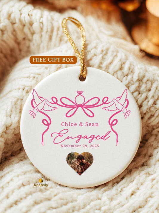 Personalized Engagement Ornament • Custom Couple Photo Gift • New Engagement Keepsake • Ring & Doves Design