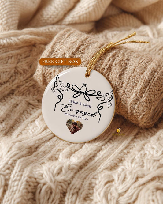 Personalized Engagement Ornament • Custom Couple Photo Gift • New Engagement Keepsake • Ring & Doves Design