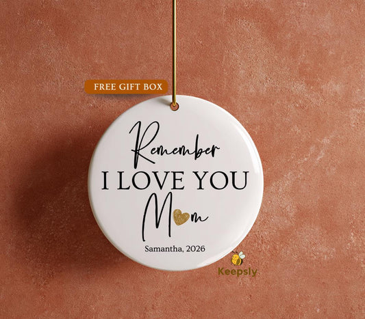 Personalized Love You Mom ornament with gold heart, custom name and year ceramic keepsake, Mother’s Day gift for mom from kids