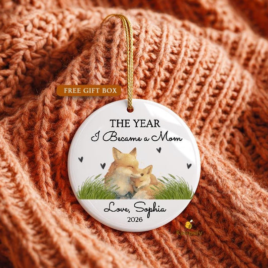 Personalized Fox Mother's Day Ornament, First Time Mom Keepsake, Watercolor Baby Fox Gift