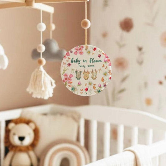 Baby in Bloom Floral Ornament, Personalized Pregnancy Announcement Keepsake, Spring Wildflower Nursery Decor