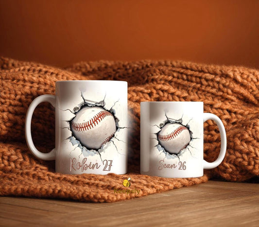 Personalized Baseball Mug, Custom Name Number, Watercolor Sports Coffee Cup