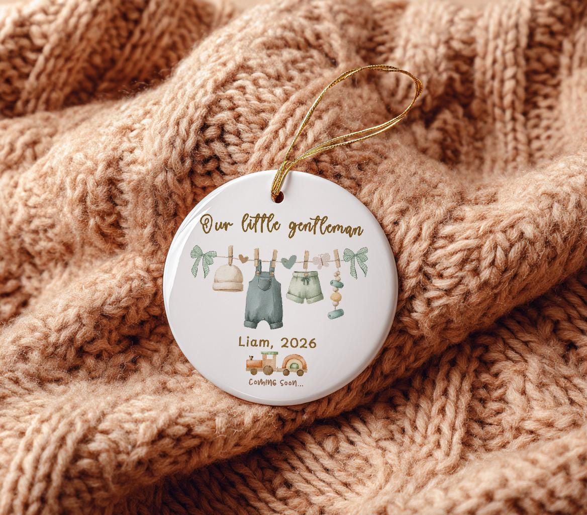 Personalized Baby Boy Ornament, Little Gentleman Pregnancy Announcement Keepsake, Coming Soon 2026