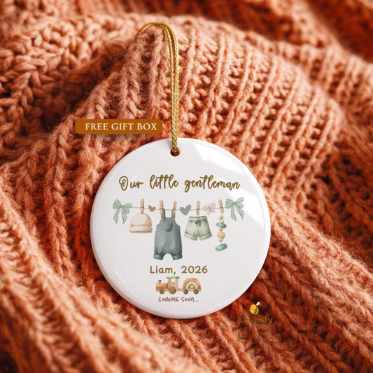 Personalized Baby Boy Ornament, Little Gentleman Pregnancy Announcement Keepsake, Coming Soon 2026