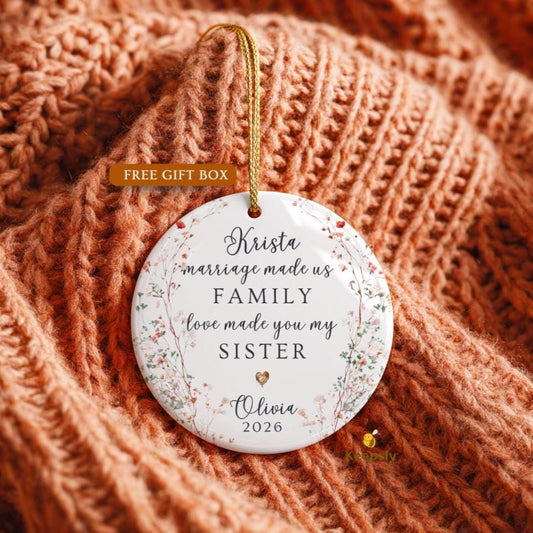 Personalized Sister-in-Law Ornament, Botanical Wreath Ceramic Keepsake, Marriage Family Gift