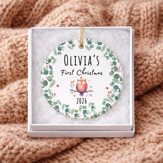 Owl Christmas Ornament, Kids Ornament, Personalized Porcelain Baby Girl Keepsake