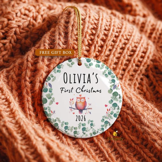 Owl Christmas Ornament, Kids Ornament, Personalized Porcelain Baby Girl Keepsake