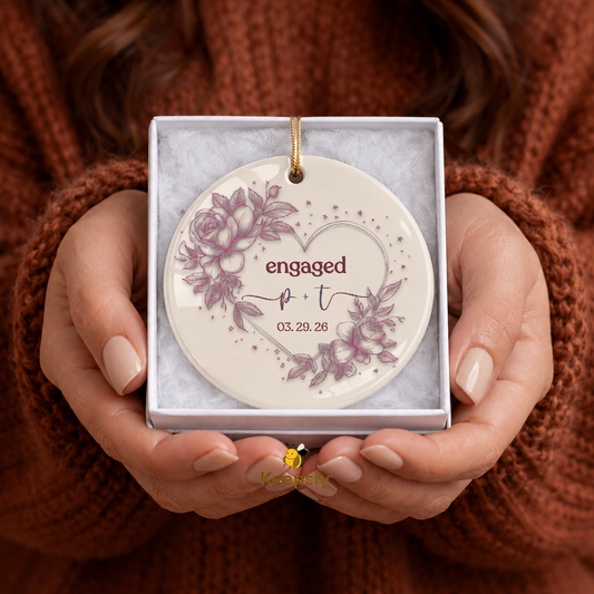 Chinoiserie Engagement Ornament, Custom Couple Initials & Date Floral Heart Keepsake Gift