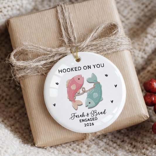 Personalized Fishing Engagement Ceramic Ornament, Hooked on You