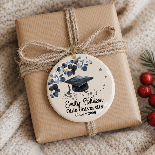 Personalized Graduation Ceramic Ornament | Custom Watercolor Grad Keepsake