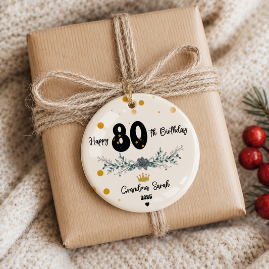 Personalized 80th Birthday Gifts Women Black and Gold Floral Ceramic Ornament
