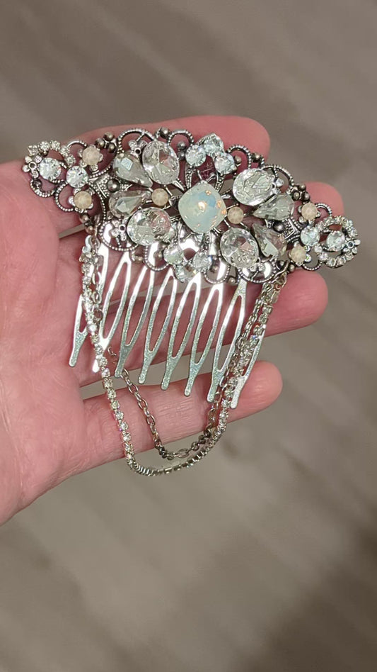 Antique Silver Opal Hair Comb, Fiza