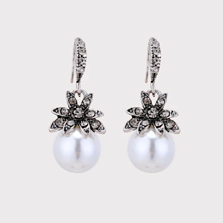 Pearl Dangle Earrings with Antique Silver Flower