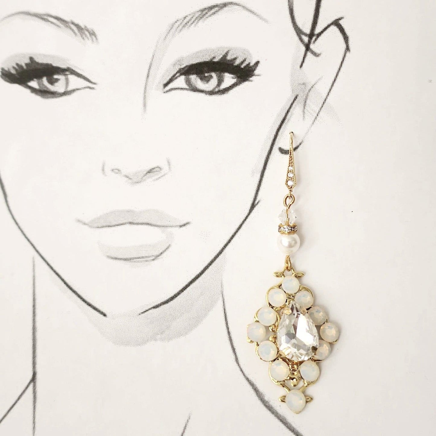 Crystal Wedding Earrings with Gold Sterling and White Opal - JazzyAndGlitzy