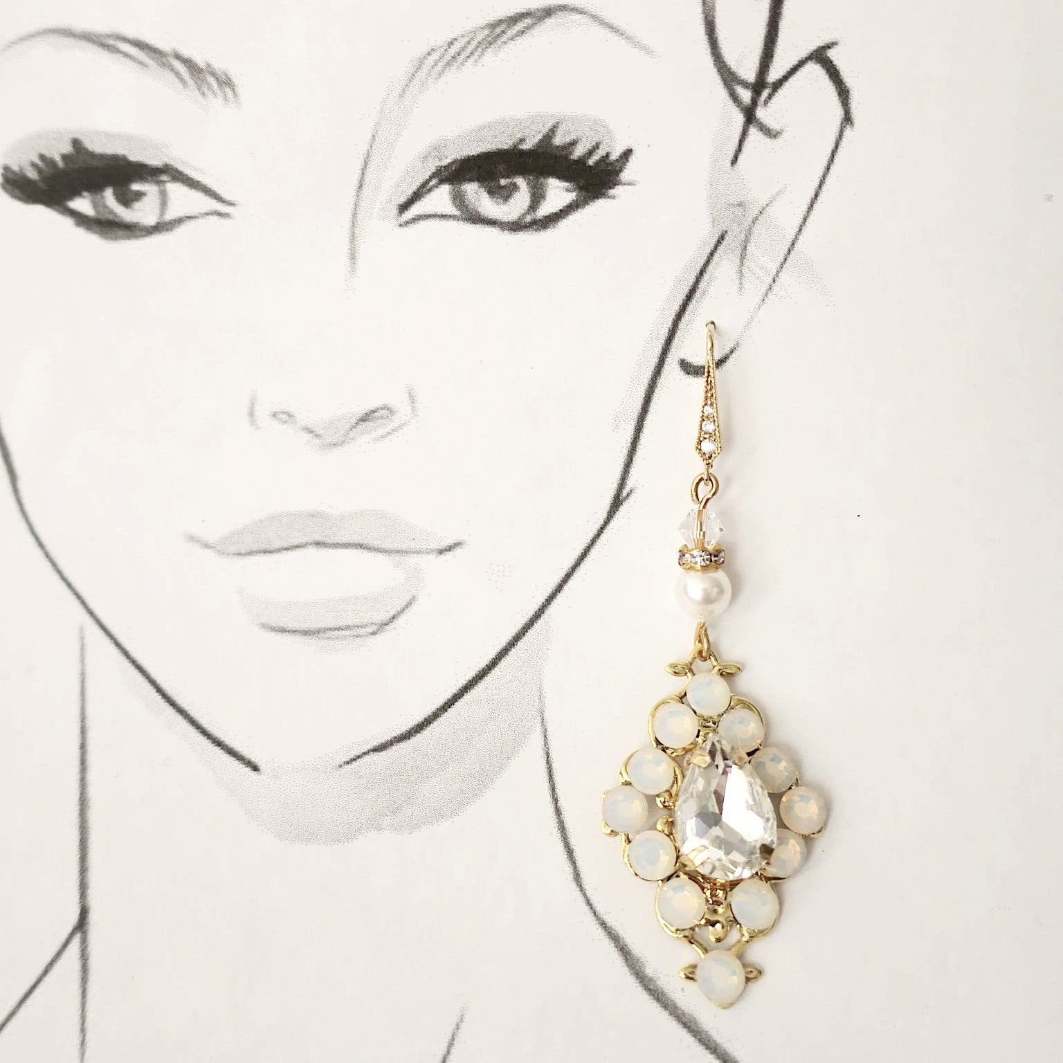 Crystal Wedding Earrings with Gold Sterling and White Opal - JazzyAndGlitzy