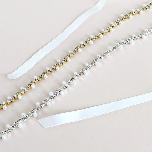 Thin Wedding Dress Sash, pearl and rhinestone bridal belt