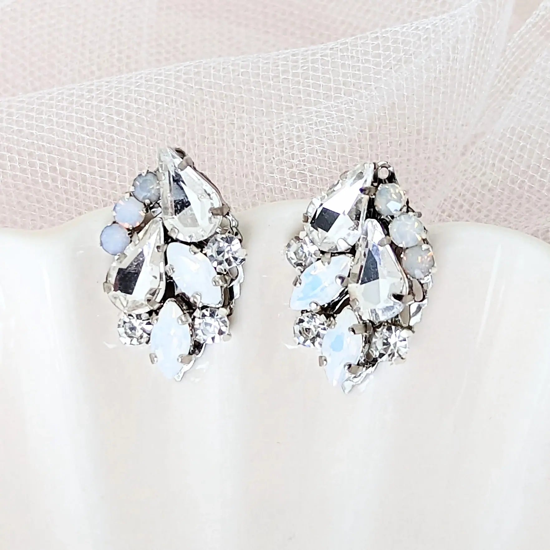 Vintage Bridal Earrings, Cluster White Opal Studs - JazzyAndGlitzy