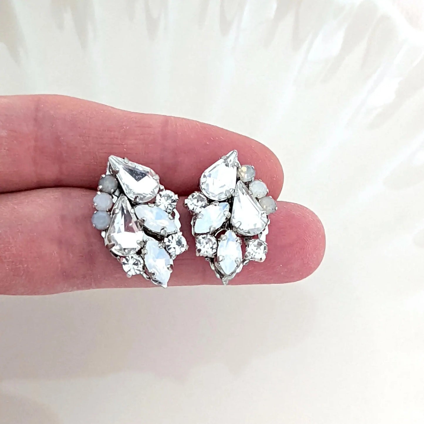 Vintage Bridal Earrings, Cluster White Opal Studs - JazzyAndGlitzy