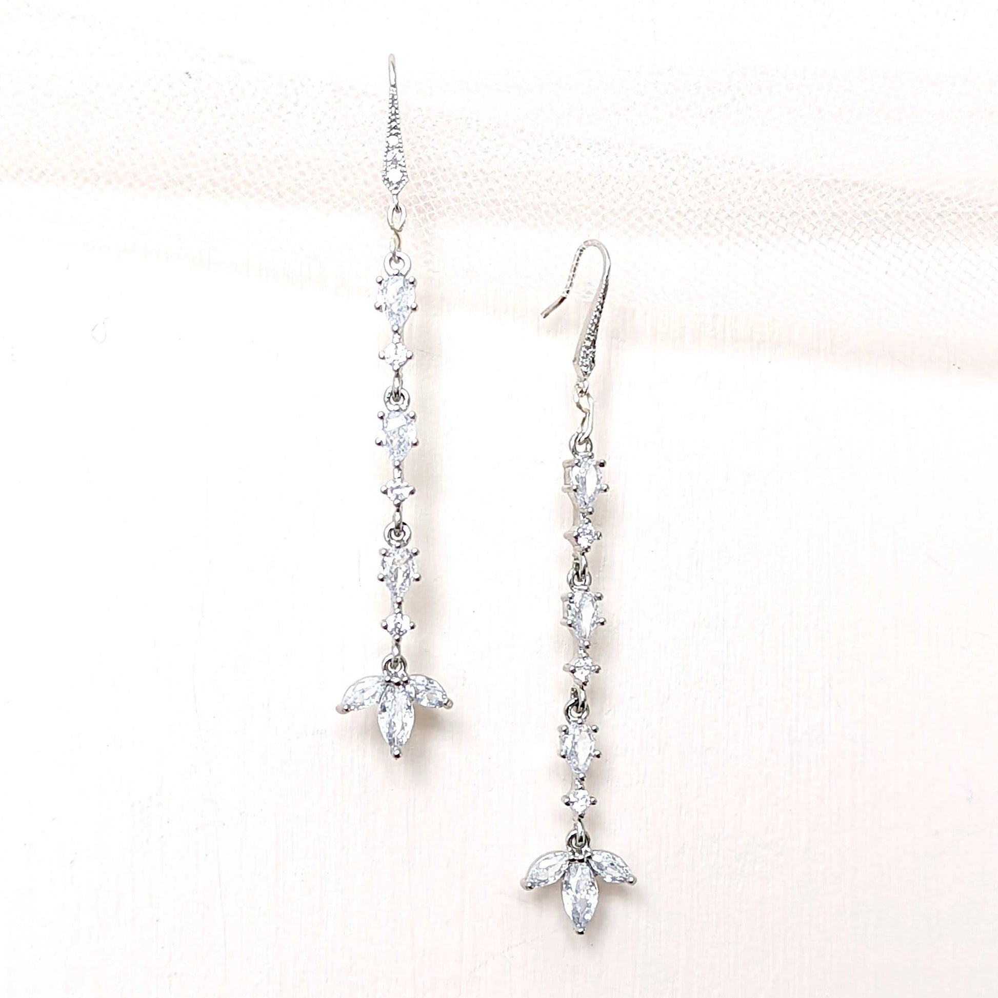 Long Drop Earrings, Sterling SIlver, CZ - Earrings