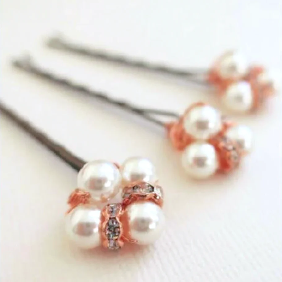 Rose Gold Bridal Pearl Hair Pins Dainty - JazzyAndGlitzy