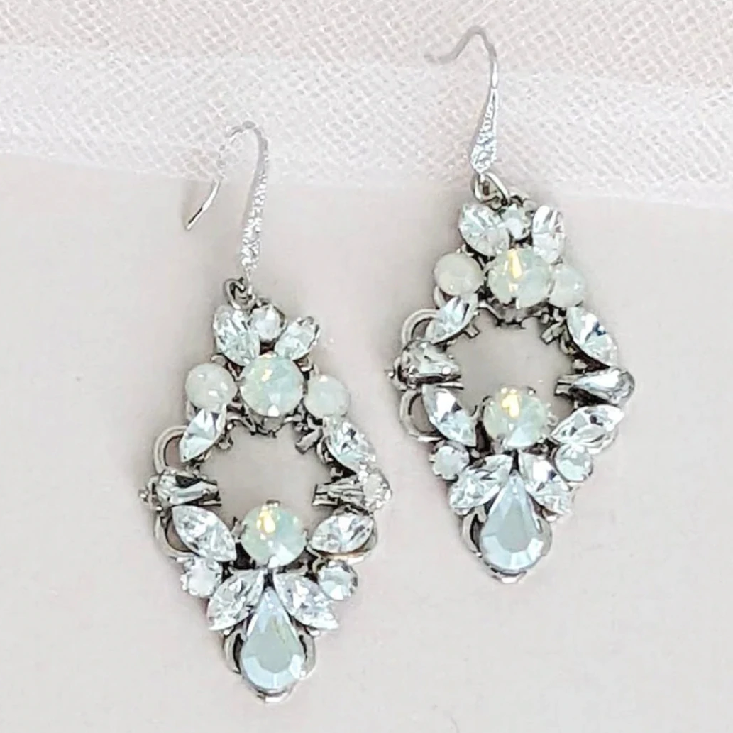 Vintage Style Crystal White Opal Bridal Earrings - JazzyAndGlitzy