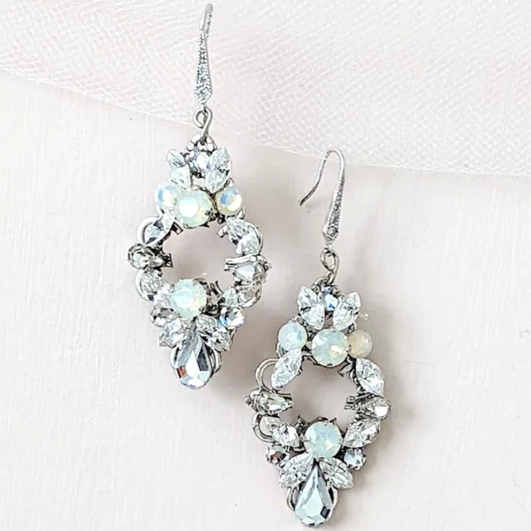 Vintage Style Crystal White Opal Bridal Earrings - JazzyAndGlitzy