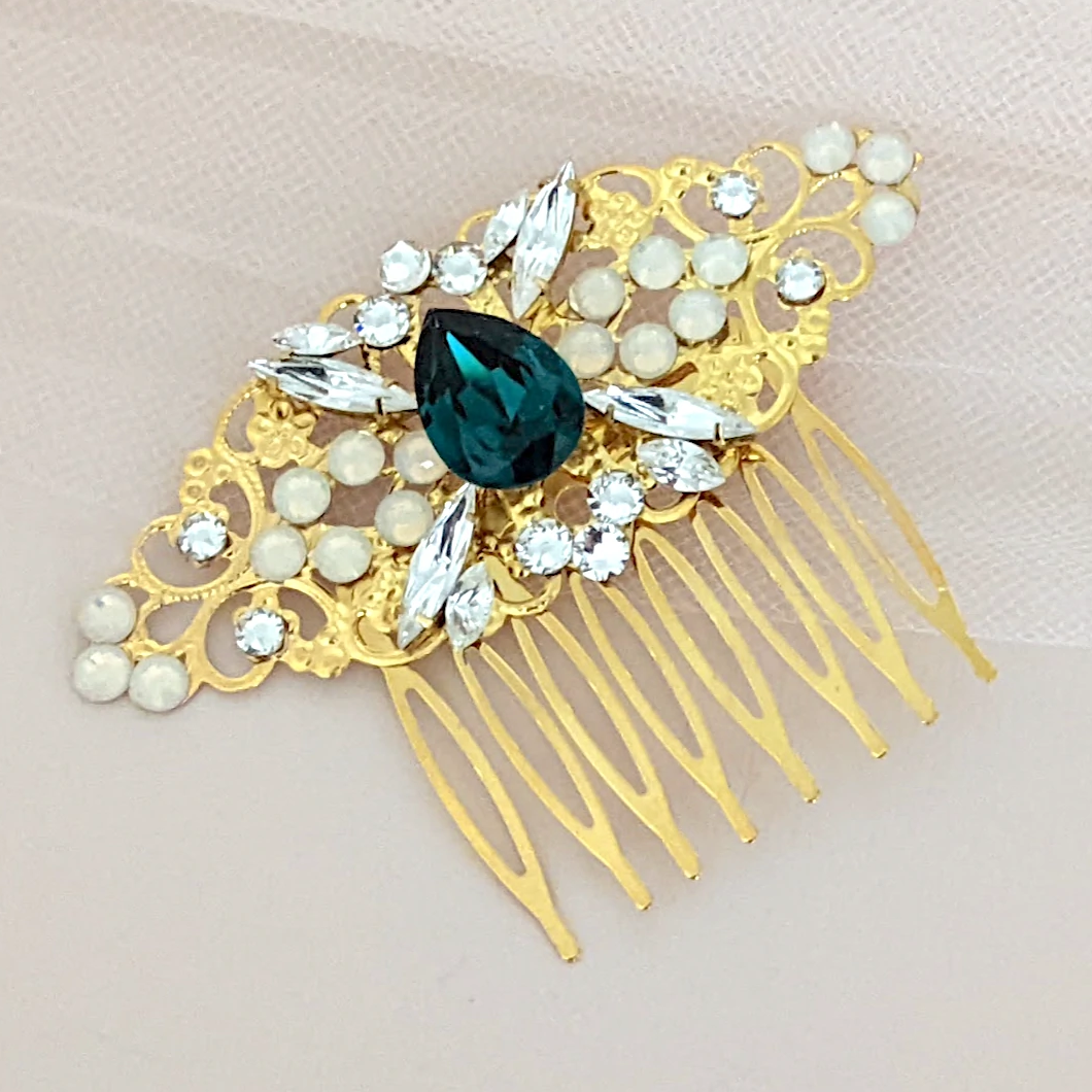 Emerald Hair Comb with Opal Crystals in Vintage Style - JazzyAndGlitzy