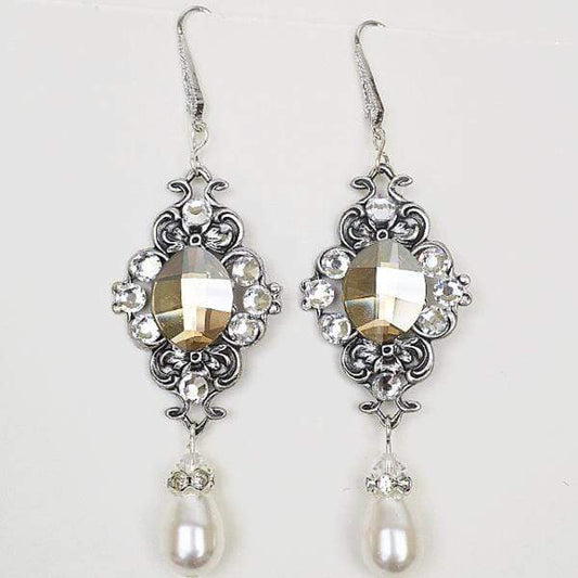Long Wedding Earrings with Golden Swarovski Crystals MAE