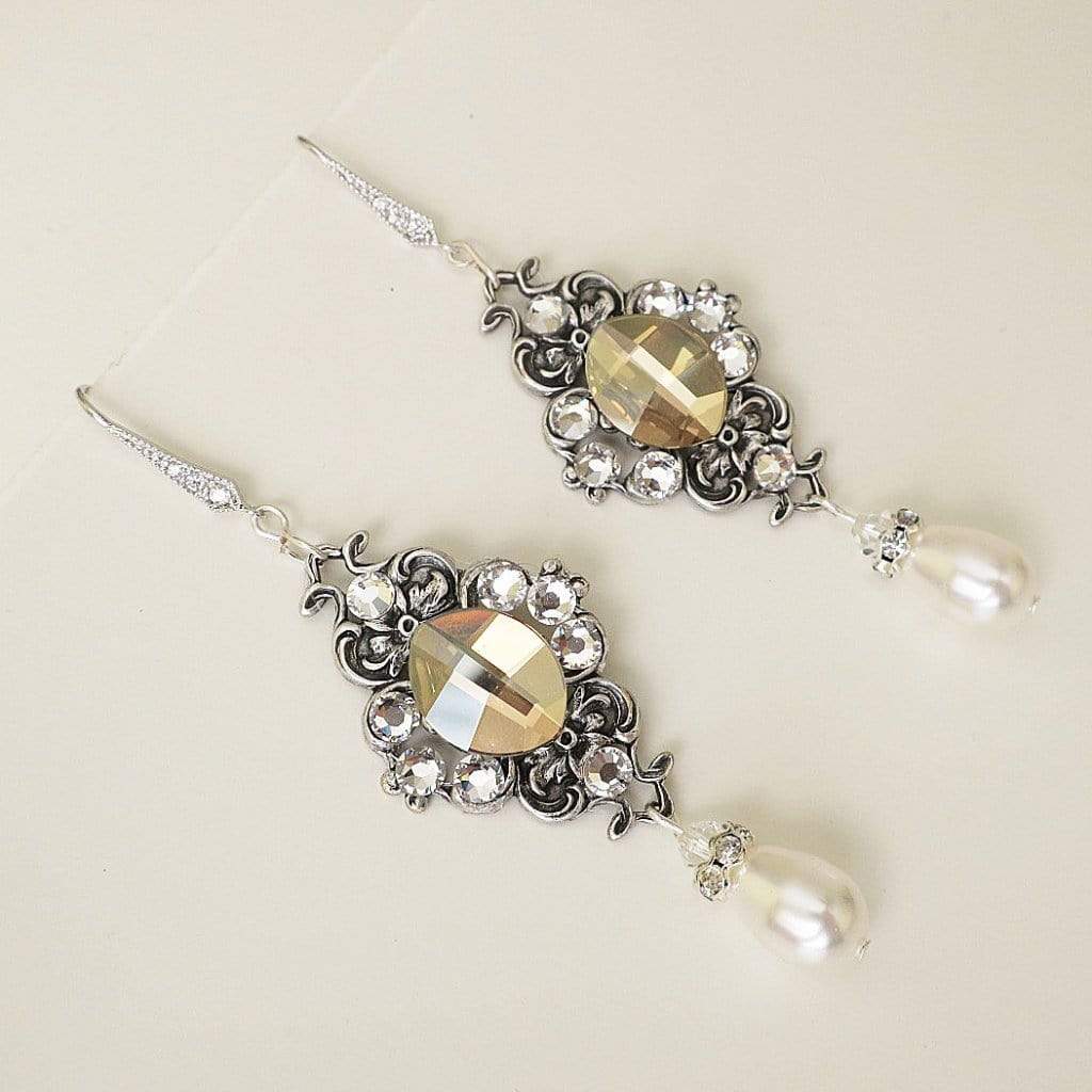 Long Wedding Earrings with Golden Swarovski Crystals MAE