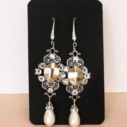 Long Wedding Earrings with Golden Swarovski Crystals MAE
