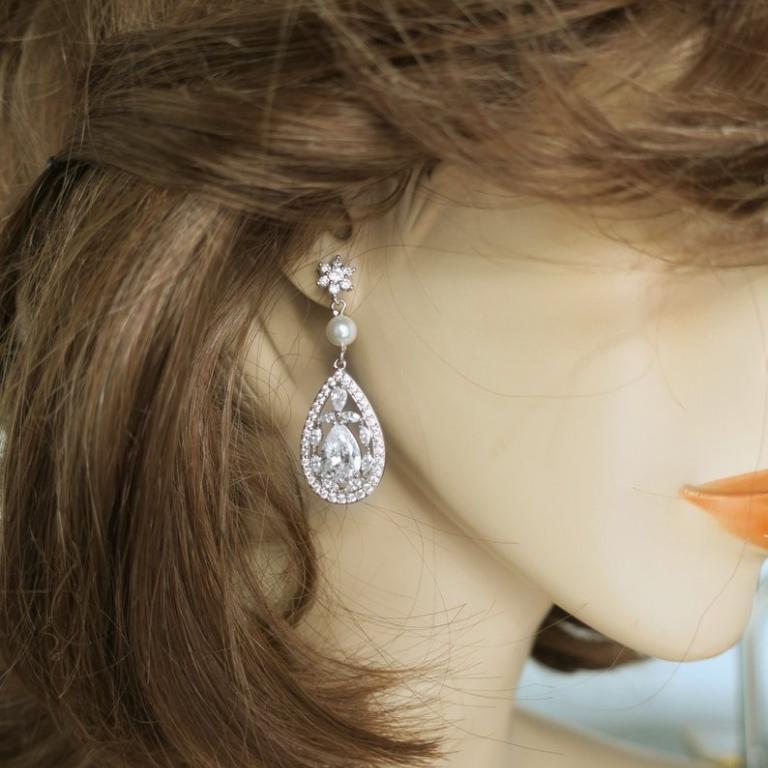 Statement Bridal Earrings of Cubic Zirconia Drop and Swarovski Pearl