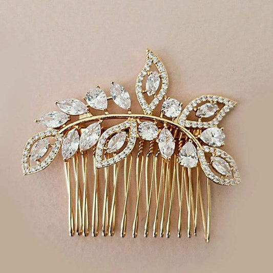 Gold Bridal Hair Comb With CZ Leaves