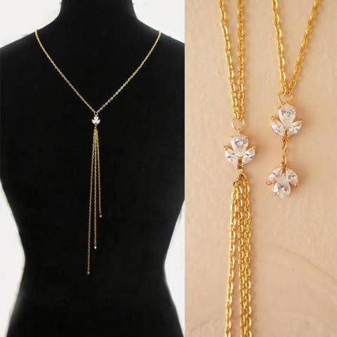 Dainty gold back necklace with cz flower and chains